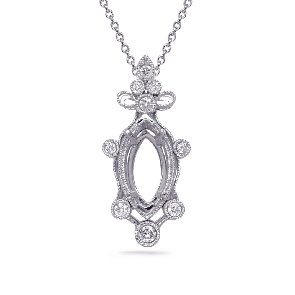 This Pendant is available in 14K White Gold. There are a total of 9 stones. There are Rounds with a total carat weight of 0.05 set in a Bezel Set setting.
