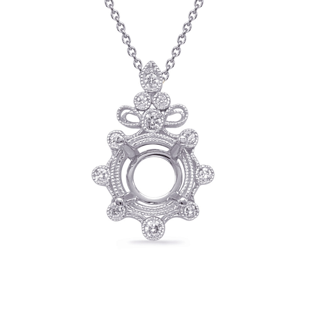 This Pendant is available in 14K White Gold. There are a total of 11 stones. There are Rounds with a total carat weight of 0.19 set in a Bezel Set setting.