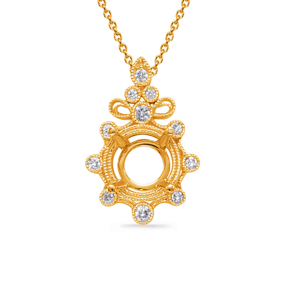 This Pendant is available in 14K Yellow Gold. There are a total of 11 stones. There are Rounds with a total carat weight of 0.1 set in a Bezel Set setting.