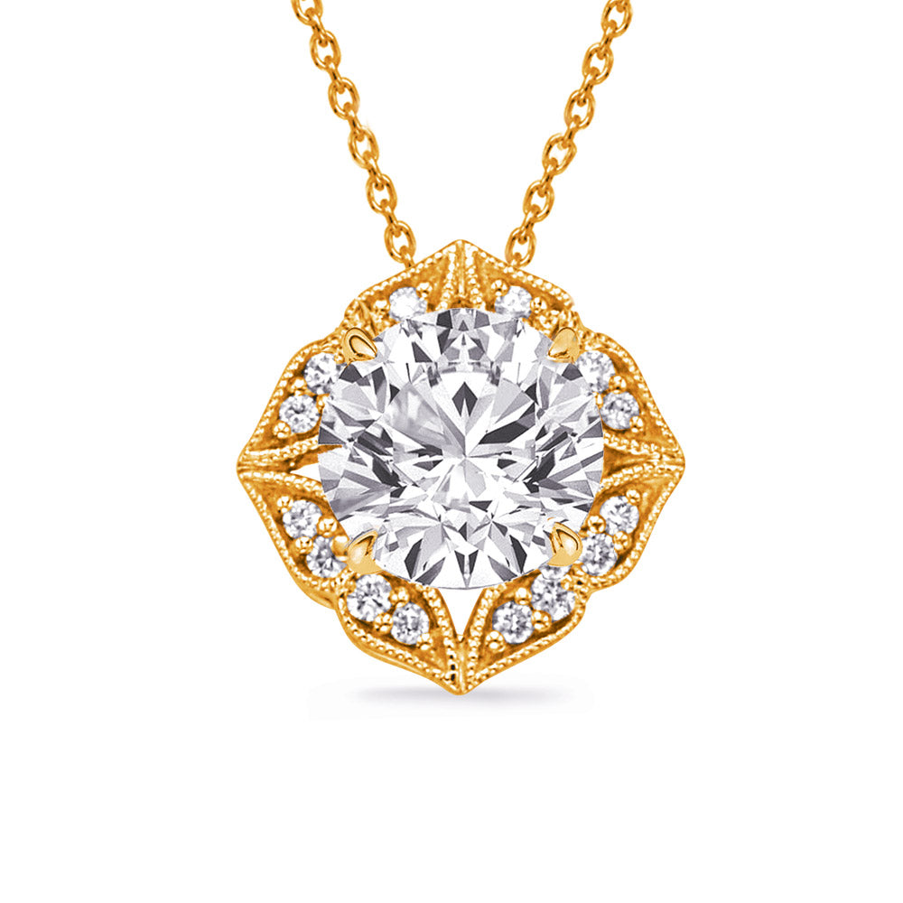 This Pendant is available in 14K Yellow Gold. There are a total of 16 stones. There are Rounds with a total carat weight of 0.14 set in a Micro Prong setting.