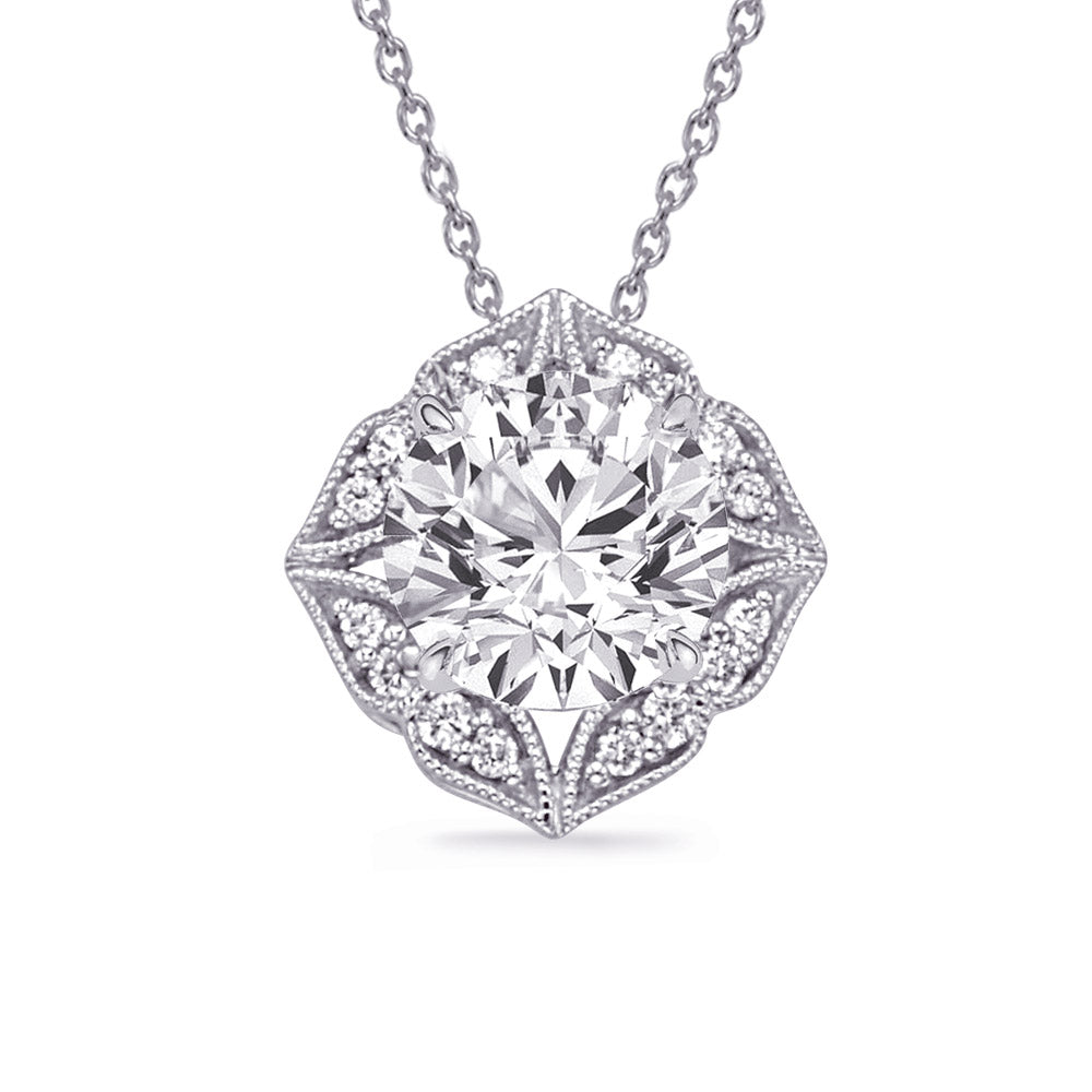 This Pendant is available in 14K White Gold. There are a total of 16 stones. There are Rounds with a total carat weight of 0.05 set in a Micro Prong setting.