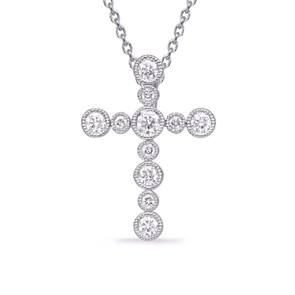 This Pendant is available in 14K White Gold. There are a total of 11 stones. There are Rounds with a total carat weight of 0.23 set in a Bezel Set setting.