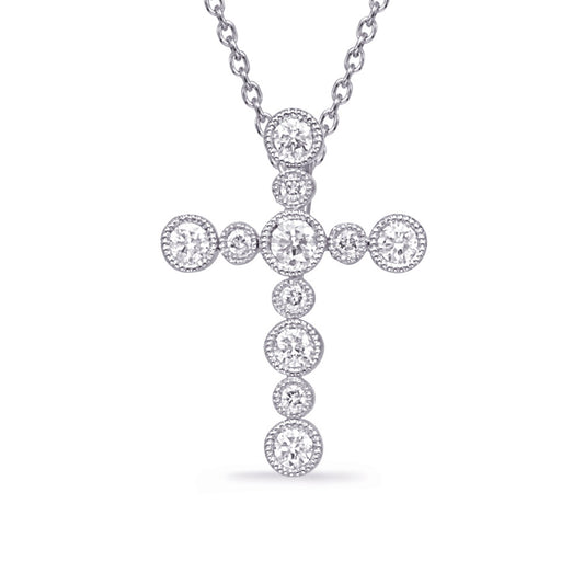 This Pendant is available in 14K White Gold. There are a total of 11 stones. There are Rounds with a total carat weight of 0.23 set in a Bezel Set setting.