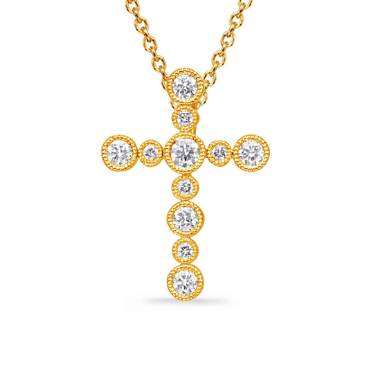 This Pendant is available in 14K Yellow Gold. There are a total of 11 stones. There are Rounds with a total carat weight of 0.23 set in a Bezel Set setting.