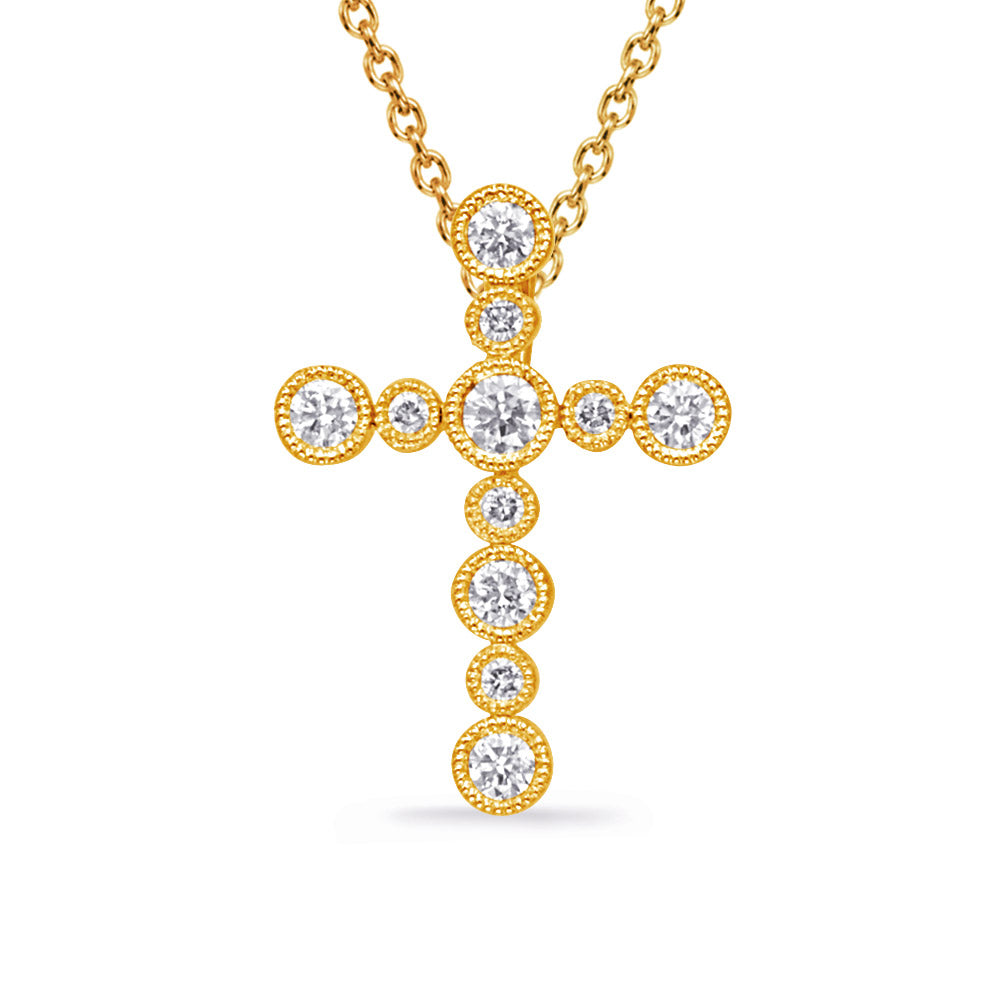 This Pendant is available in 14K Yellow Gold. There are a total of 11 stones. There are Rounds with a total carat weight of 0.23 set in a Bezel Set setting.