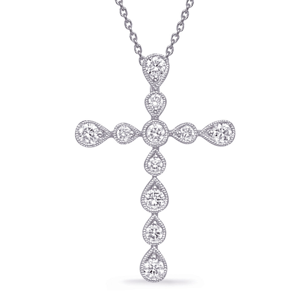This Pendant is available in 14K White Gold. There are a total of 11 stones. There are Rounds with a total carat weight of 0.5 set in a Prong Set setting.