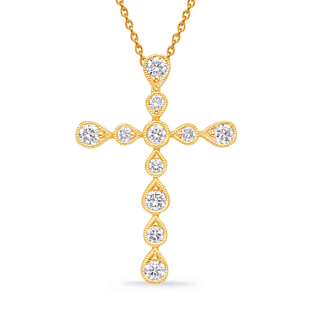 This Pendant is available in 14K Yellow Gold. There are a total of 11 stones. There are Rounds with a total carat weight of 0.5 set in a Prong Set setting.