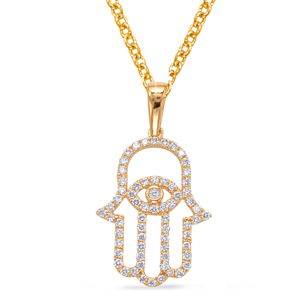 This Pendant is available in 14K Yellow Gold. There are a total of 65 stones. There are Rounds with a total carat weight of 0.31 set in a Prong Set setting.