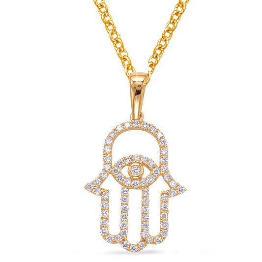 This Pendant is available in 14K Yellow Gold. There are a total of 65 stones. There are Rounds with a total carat weight of 0.31 set in a Prong Set setting.