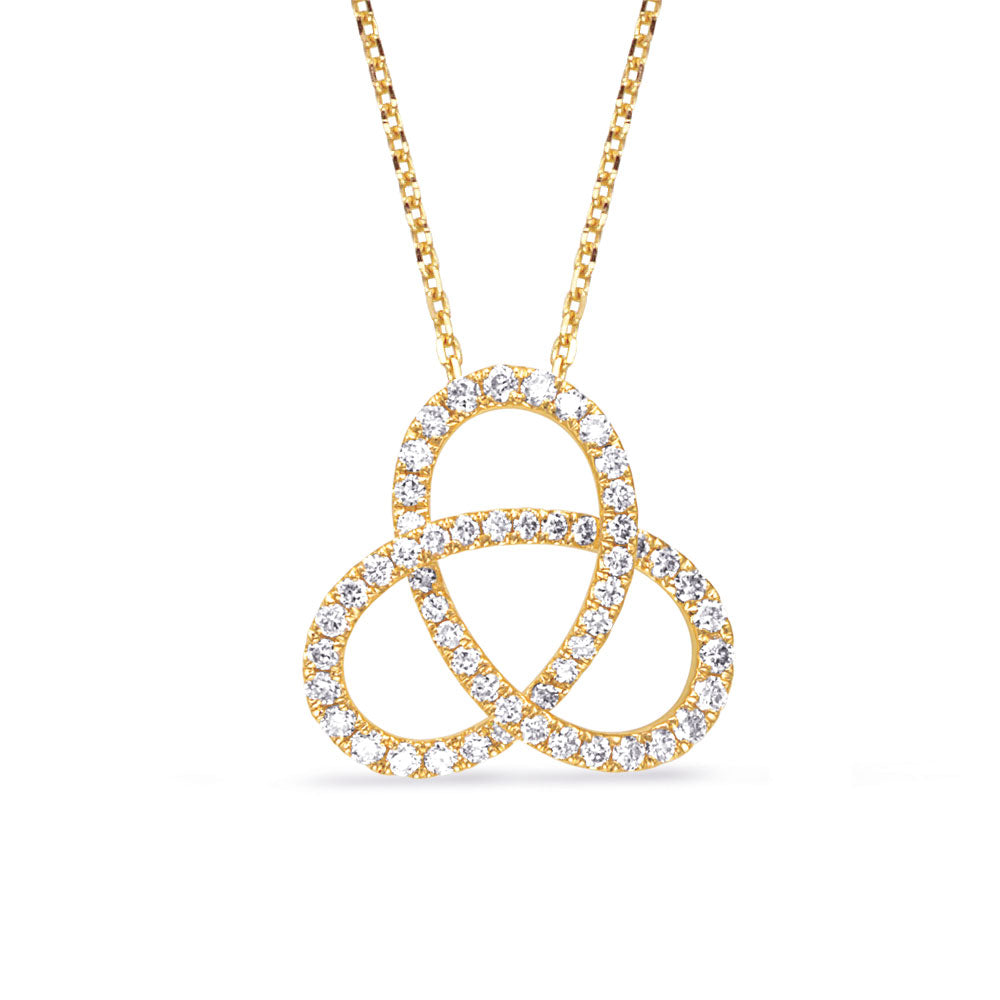 This Pendant is available in 14K Yellow Gold. There are a total of 54 stones. There are Rounds with a total carat weight of 0.66 set in a Prong Set setting.