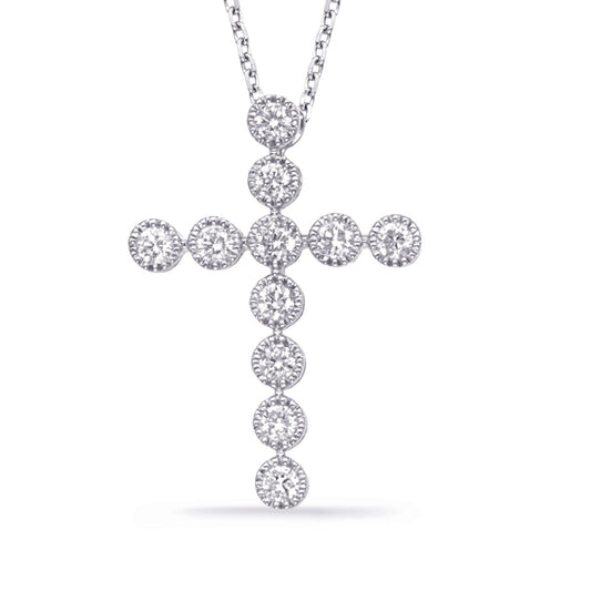 This Pendant is available in 14K White Gold. There are a total of 11 stones. There are Rounds with a total carat weight of 0.47 set in a Bezel Set setting.