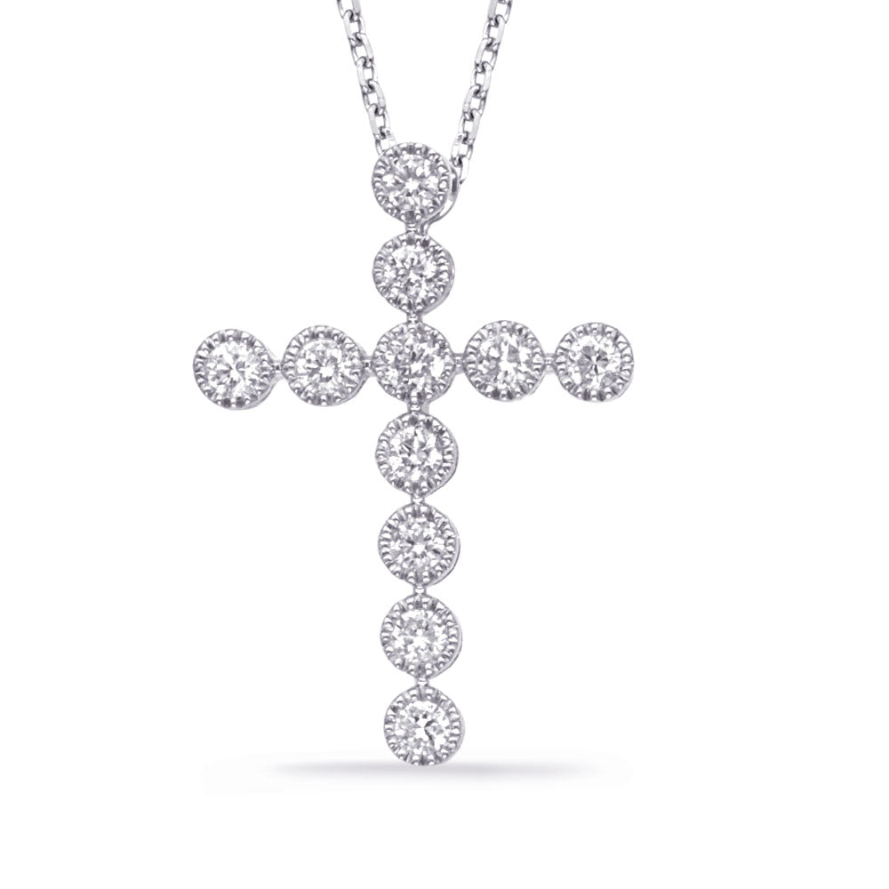 This Pendant is available in 14K White Gold. There are a total of 11 stones. There are Rounds with a total carat weight of 0.47 set in a Bezel Set setting.