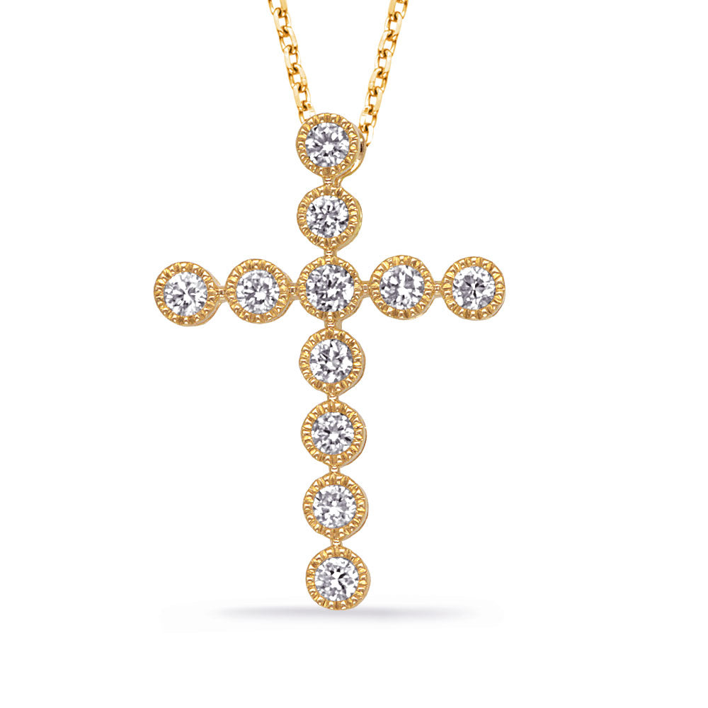 This Pendant is available in 14K Yellow Gold. There are a total of 11 stones. There are Rounds with a total carat weight of 0.47 set in a Bezel Set setting.