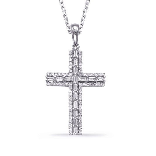 This Pendant is available in 14K White Gold. There are a total of 82 stones. There are Baguette with a total carat weight of 0.26 set in a Micro Prong|Prong Set setting.There are Rounds stones with a total carat weight of 0.22 set in a Micro Prong|Prong Set.