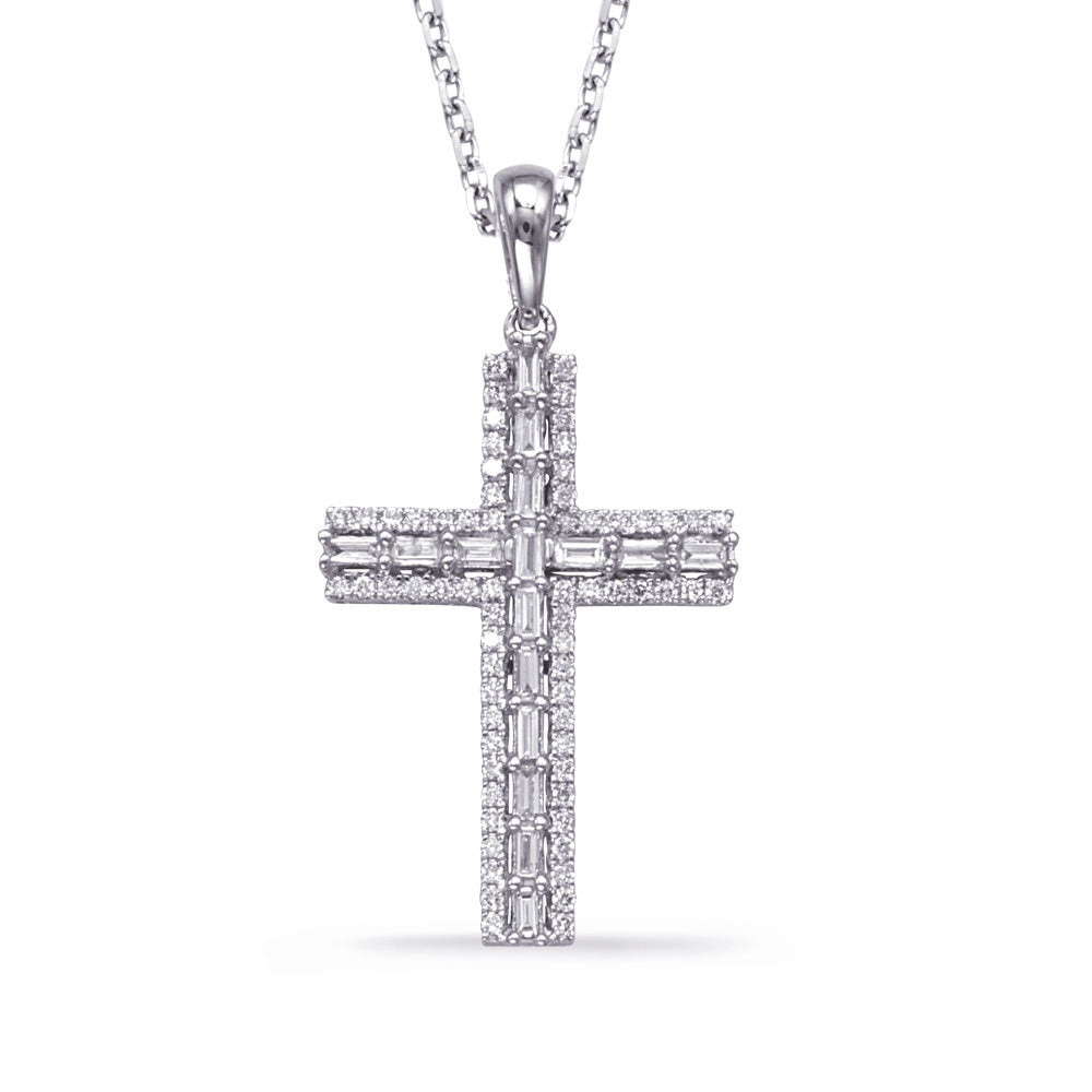 This Pendant is available in 14K White Gold. There are a total of 82 stones. There are Baguette with a total carat weight of 0.26 set in a Micro Prong|Prong Set setting.There are Rounds stones with a total carat weight of 0.22 set in a Micro Prong|Prong Set.