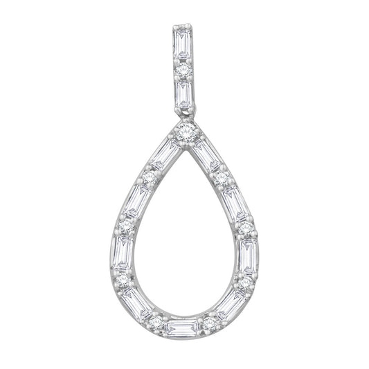 This Pendant is available in 14K White Gold. There are a total of 21 stones. There are Baguette with a total carat weight of 0.27 set in a Prong Set setting.There are Rounds stones with a total carat weight of 0.07 set in a Prong Set.