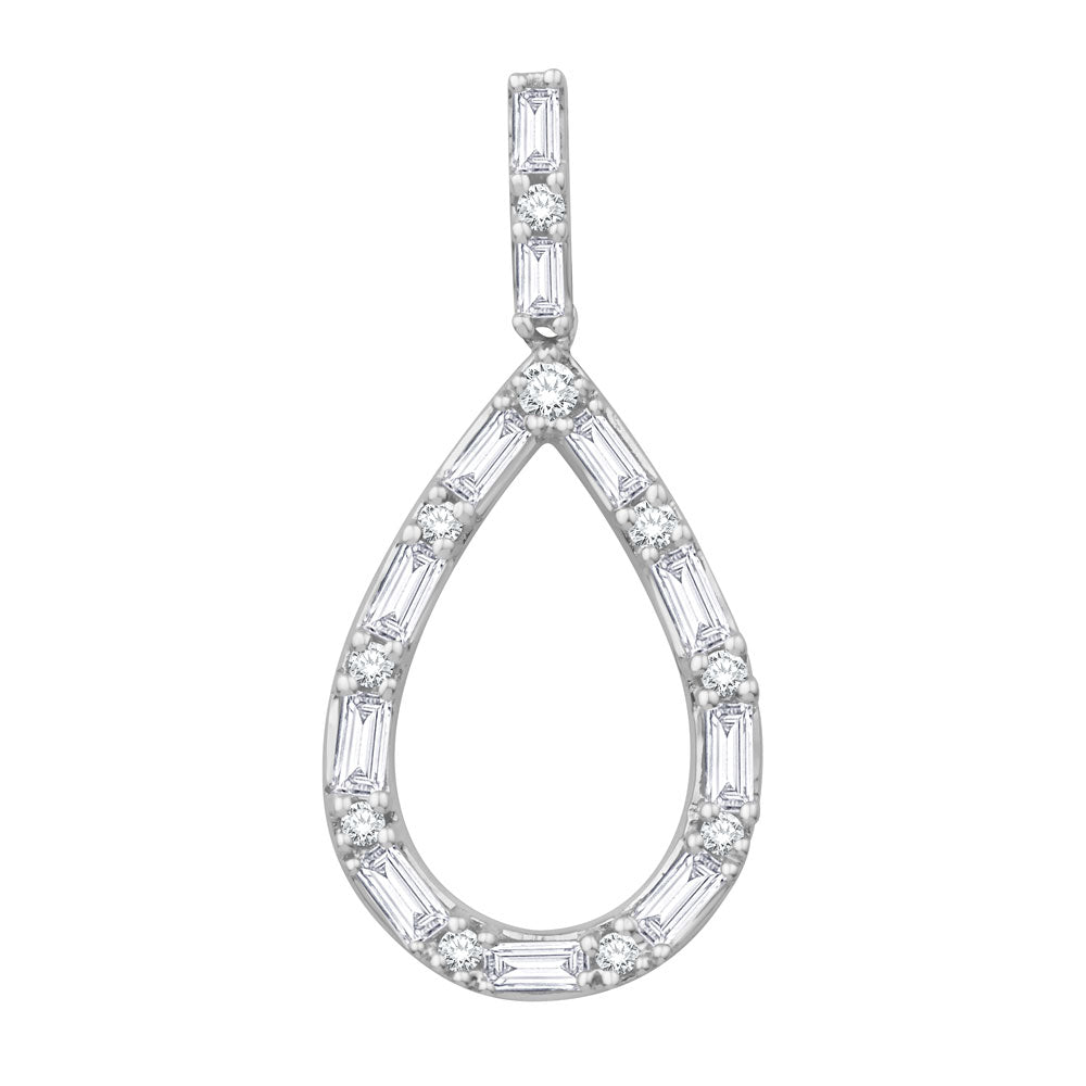 This Pendant is available in 14K White Gold. There are a total of 21 stones. There are Baguette with a total carat weight of 0.27 set in a Prong Set setting.There are Rounds stones with a total carat weight of 0.07 set in a Prong Set.