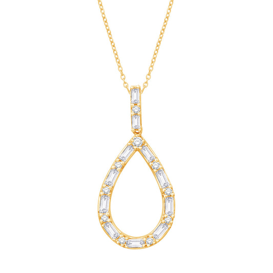 This Pendant is available in 14K Yellow Gold. There are a total of 21 stones. There are Baguette with a total carat weight of 0.27 set in a Prong Set setting.There are Rounds stones with a total carat weight of 0.07 set in a Prong Set.