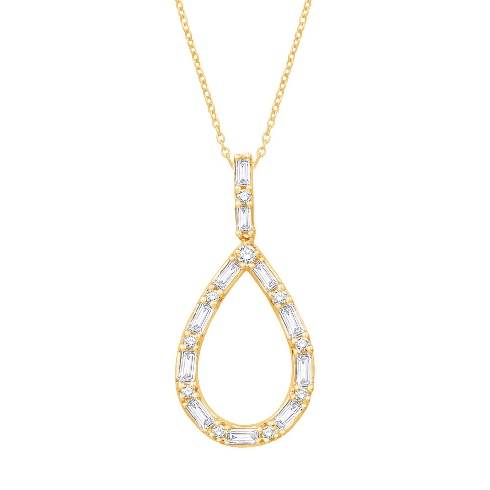 This Pendant is available in 14K Yellow Gold. There are a total of 21 stones. There are Baguette with a total carat weight of 0.27 set in a Prong Set setting.There are Rounds stones with a total carat weight of 0.07 set in a Prong Set.