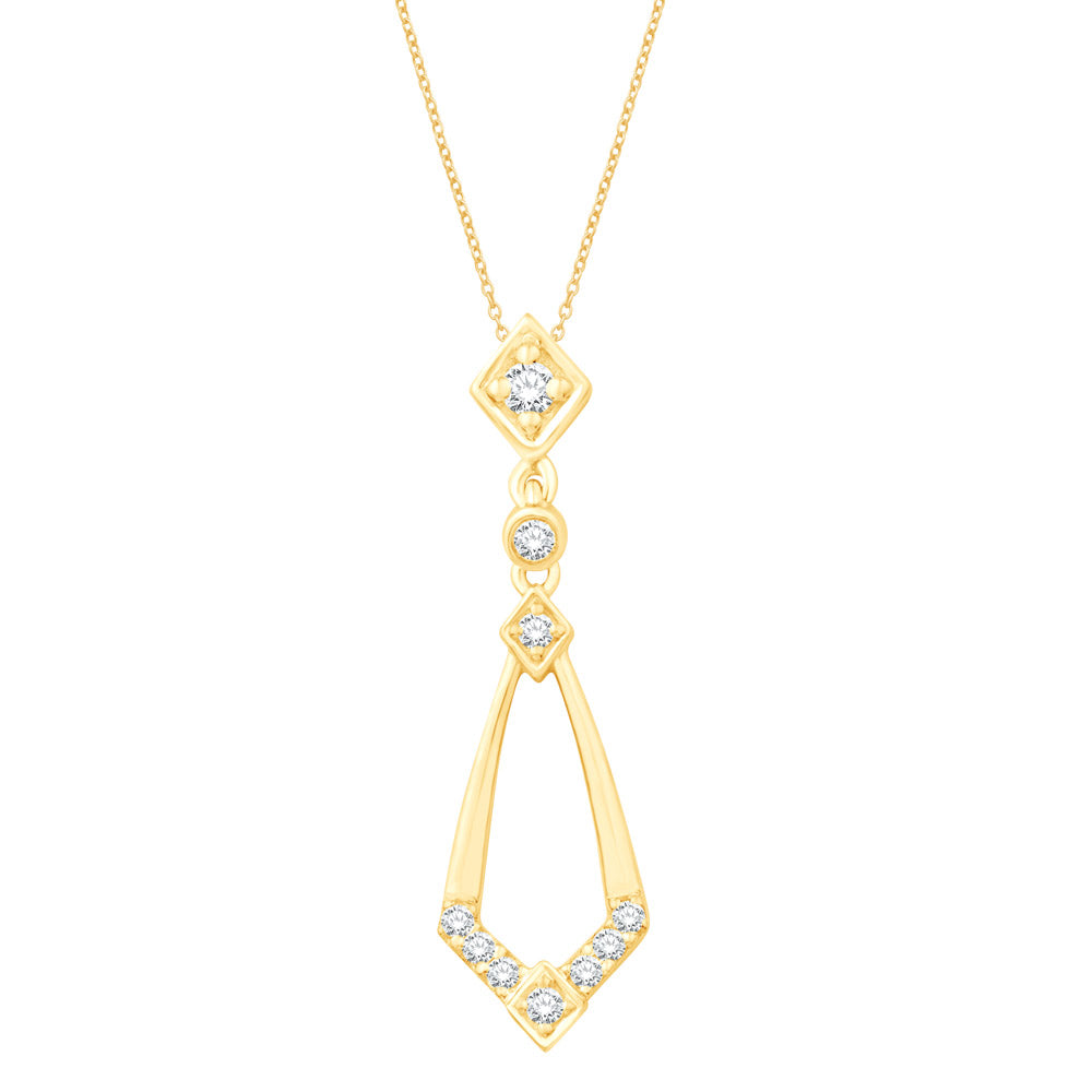This Pendant is available in 14K Yellow Gold. There are a total of 10 stones. There are Rounds with a total carat weight of 0.17 set in a Micro Prong|Prong Set setting.