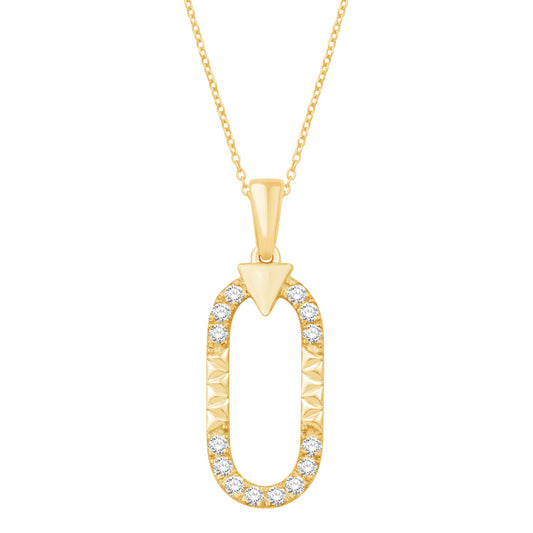 This Pendant is available in 14K Yellow Gold. There are a total of 14 stones. There are Rounds with a total carat weight of 0.23 set in a  setting.
