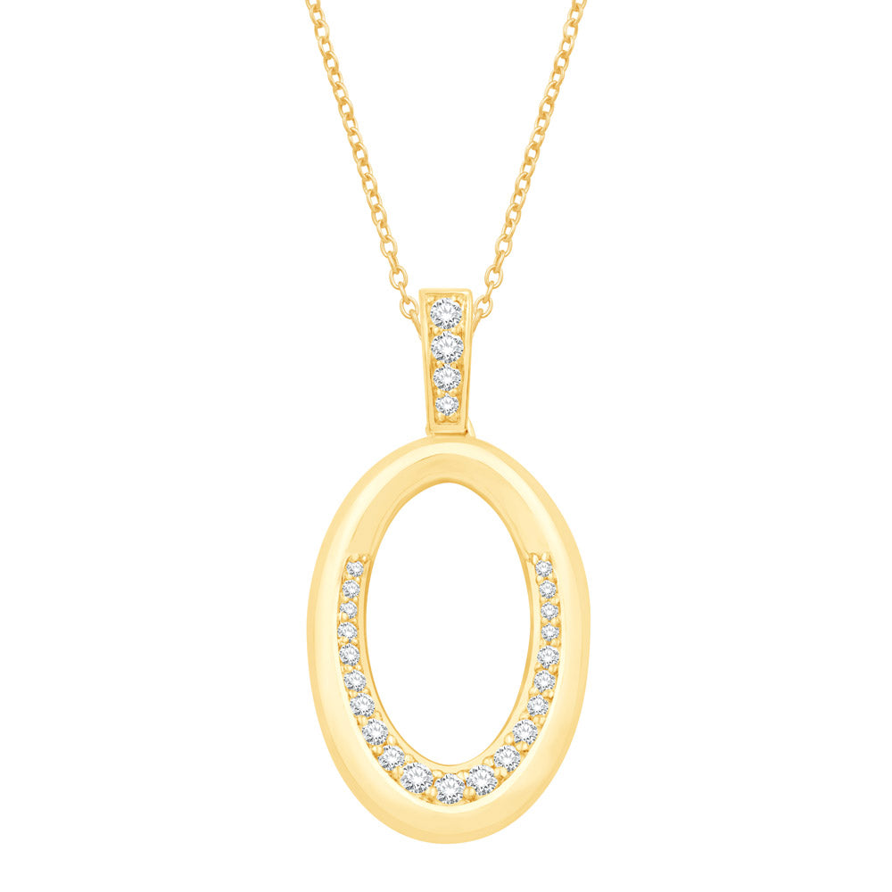 This Pendant is available in 14K Yellow Gold. There are a total of 25 stones. There are Rounds with a total carat weight of 0.17 set in a Prong Set setting.