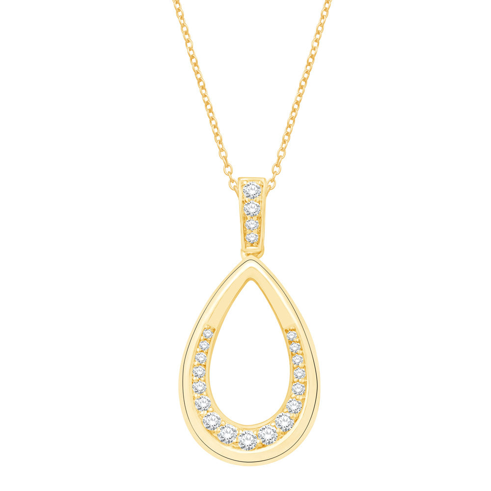 This Pendant is available in 14K Yellow Gold. There are a total of 21 stones. There are Rounds with a total carat weight of 0.22 set in a Micro Prong setting.