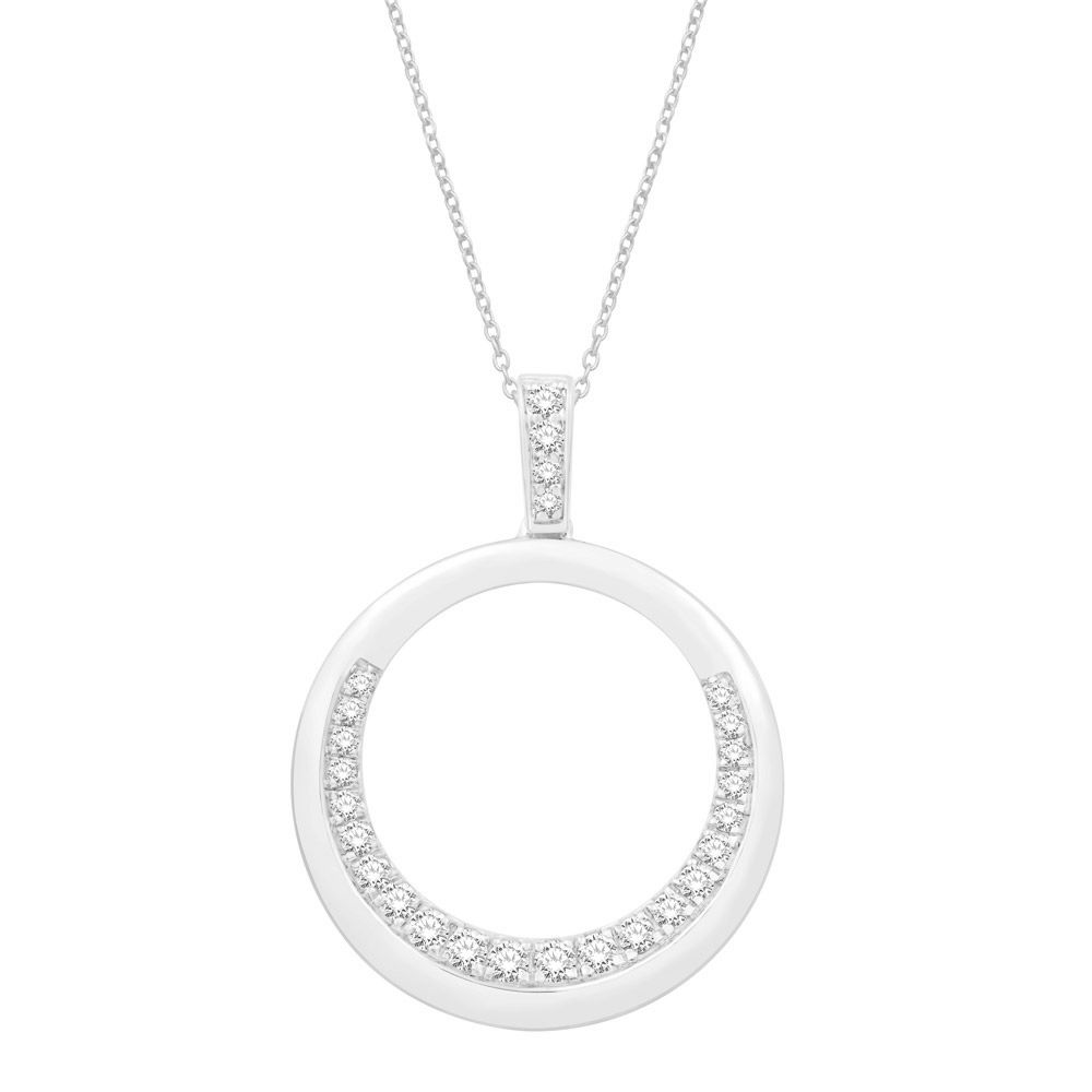 This Pendant is available in 14K White Gold. There are a total of 26 stones. There are Rounds with a total carat weight of 0.28 set in a Micro Prong|Prong Set setting.