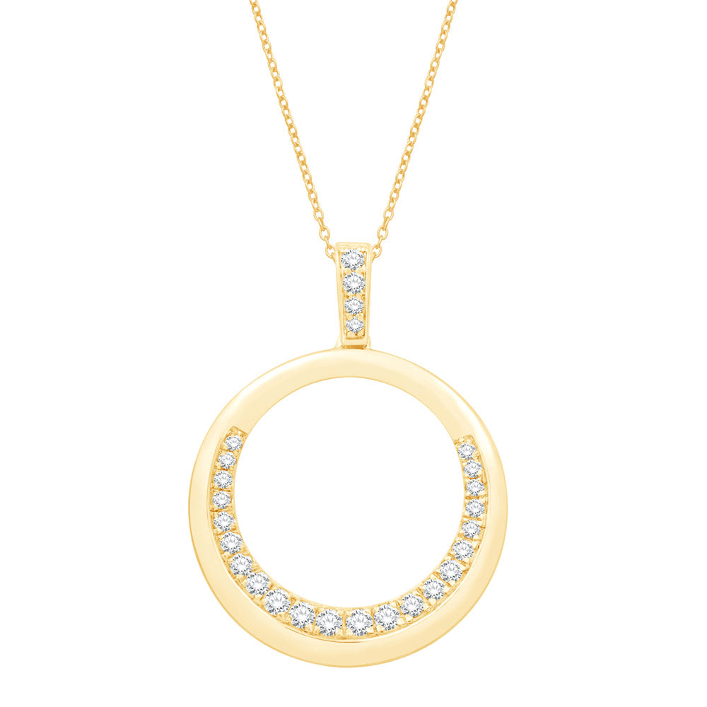 This Pendant is available in 14K Yellow Gold. There are a total of 26 stones. There are Rounds with a total carat weight of 0.28 set in a Micro Prong|Prong Set setting.