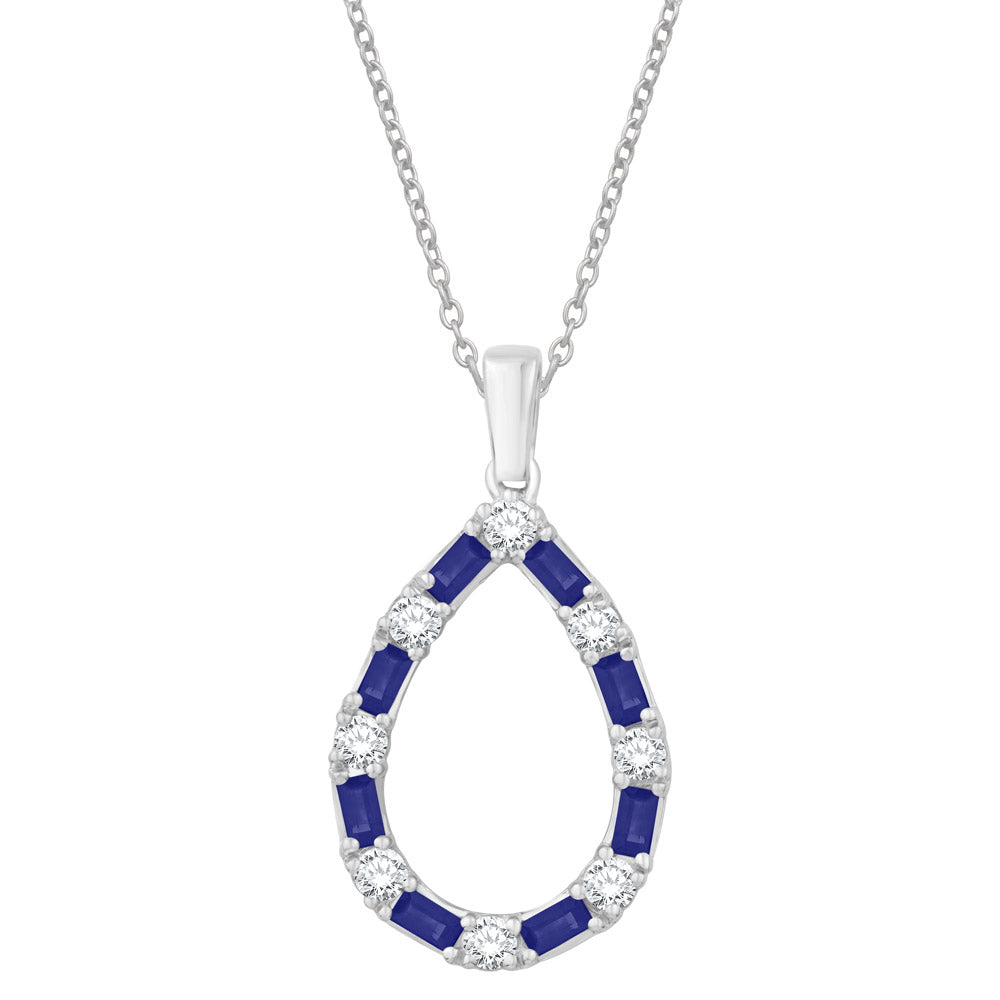 This Pendant is available in 14K White Gold. There are a total of 16 stones. There are Rounds with a total carat weight of 0.37 set in a Prong Set|Shared Prongs setting.There are Sapphire stones with a total carat weight of 0.57 set in a Prong Set|Shared Prongs.