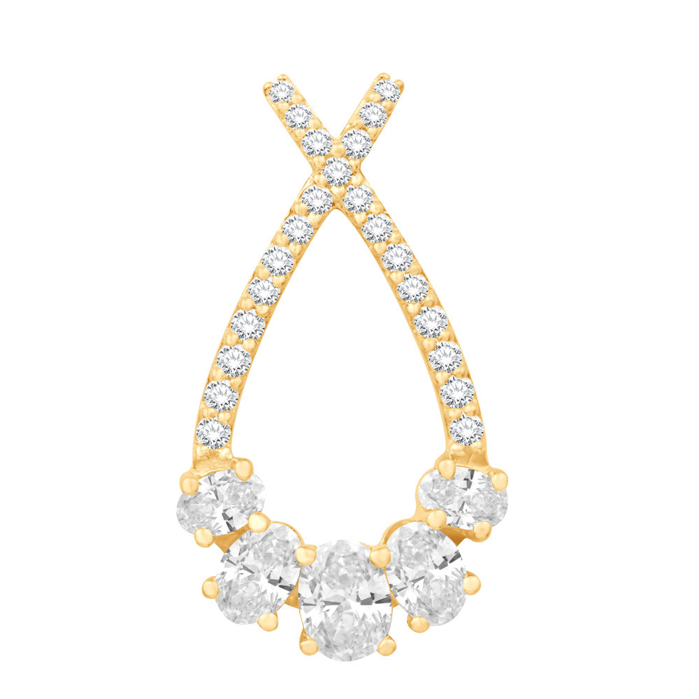 This Pendant is available in 14K Yellow Gold. There are a total of 28 stones. There are Oval with a total carat weight of 0.34 set in a Micro Prong|Prong Set setting.There are Rounds stones with a total carat weight of 0.12 set in a Micro Prong|Prong Set.