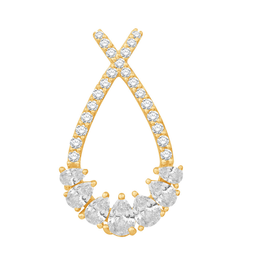 This Pendant is available in 14K Yellow Gold. There are a total of 30 stones. There are Pear Shape with a total carat weight of 0.25 set in a Micro Prong|Prong Set setting.There are Rounds stones with a total carat weight of 0.14 set in a Micro Prong|Prong Set.