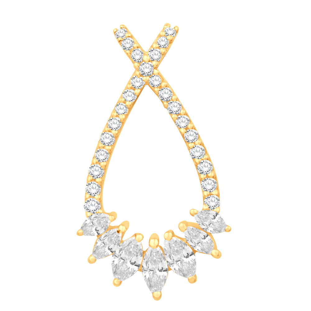 This Pendant is available in 14K Yellow Gold. There are a total of 32 stones. There are Marquise with a total carat weight of 0.29 set in a Micro Prong|Prong Set setting.There are Rounds stones with a total carat weight of 0.14 set in a Micro Prong|Prong Set.