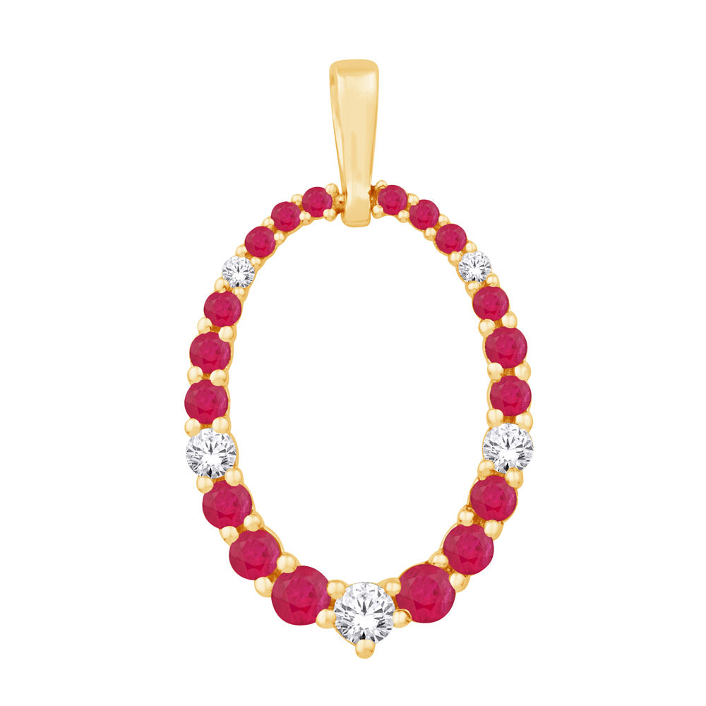 This Pendant is available in 14K Yellow Gold. There are a total of 23 stones. There are Rounds with a total carat weight of 0.16 set in a Micro Prong setting.There are Ruby stones with a total carat weight of 0.56 set in a Micro Prong.