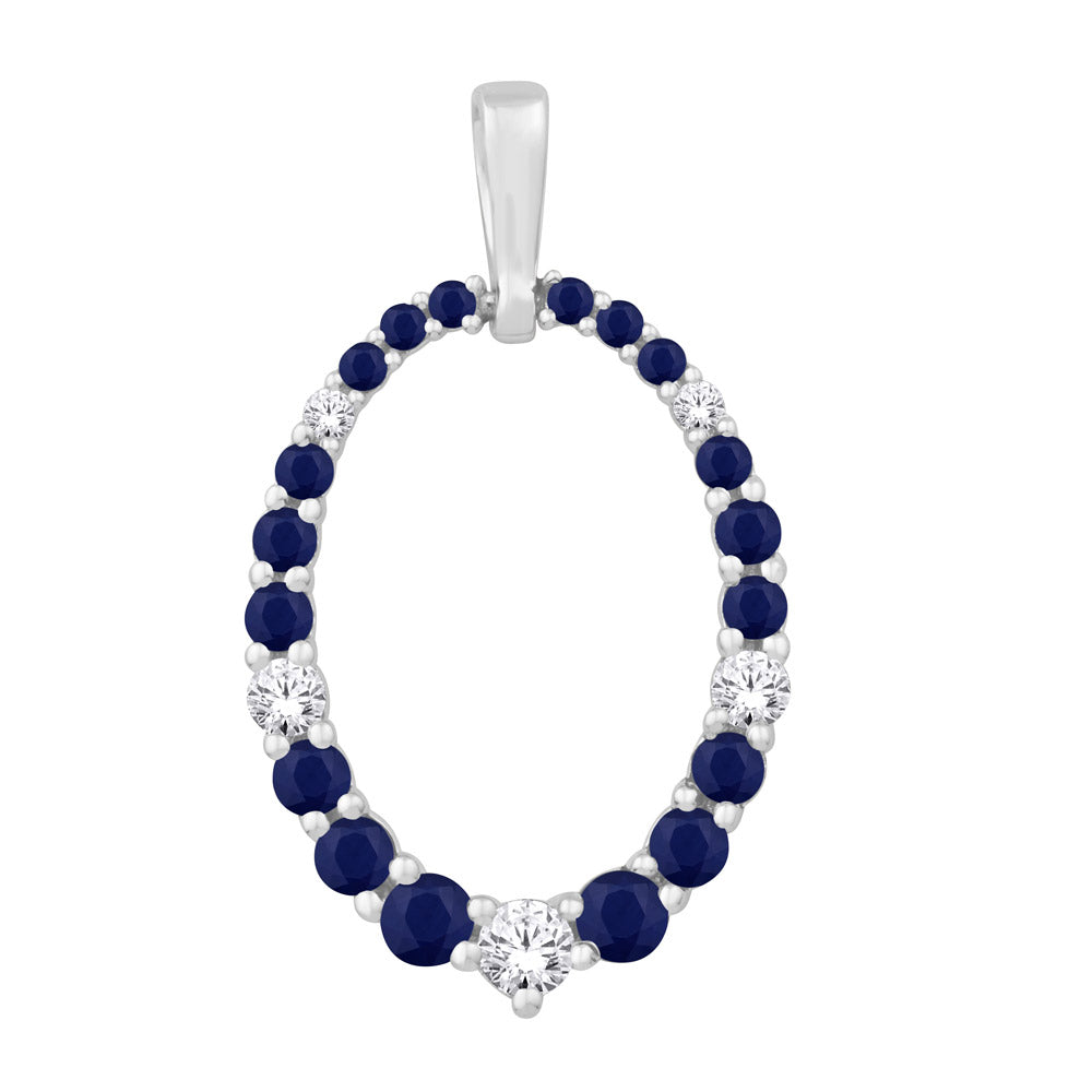 This Pendant is available in 14K White Gold. There are a total of 23 stones. There are Rounds with a total carat weight of 0.16 set in a Micro Prong setting.There are Sapphire stones with a total carat weight of 0.52 set in a Micro Prong.