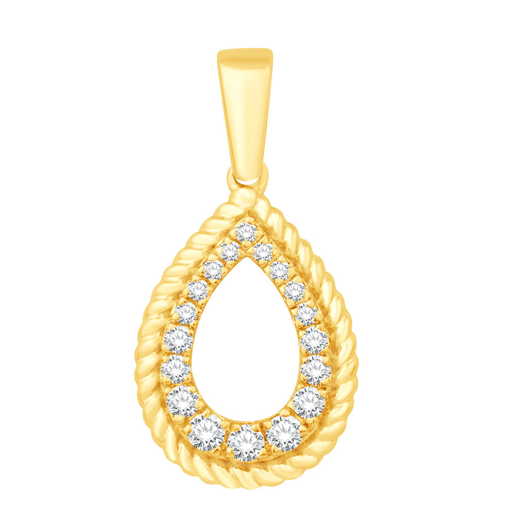 This Pendant is available in 14K Yellow Gold. There are a total of 18 stones. There are Rounds with a total carat weight of 0.23 set in a Prong Set setting.