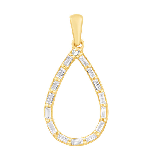 This Pendant is available in 14K Yellow Gold. There are a total of 16 stones. There are Baguette with a total carat weight of 0.3 set in a Prong Set setting.There are Rounds stones with a total carat weight of 0.02 set in a Prong Set.