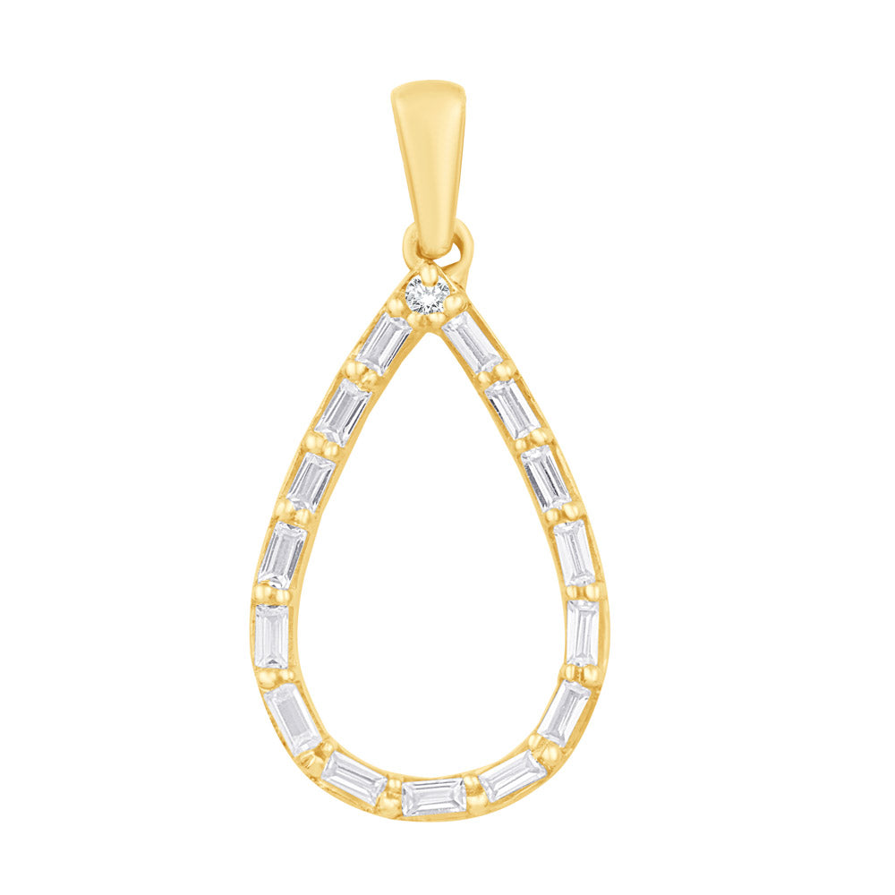 This Pendant is available in 14K Yellow Gold. There are a total of 16 stones. There are Baguette with a total carat weight of 0.3 set in a Prong Set setting.There are Rounds stones with a total carat weight of 0.02 set in a Prong Set.