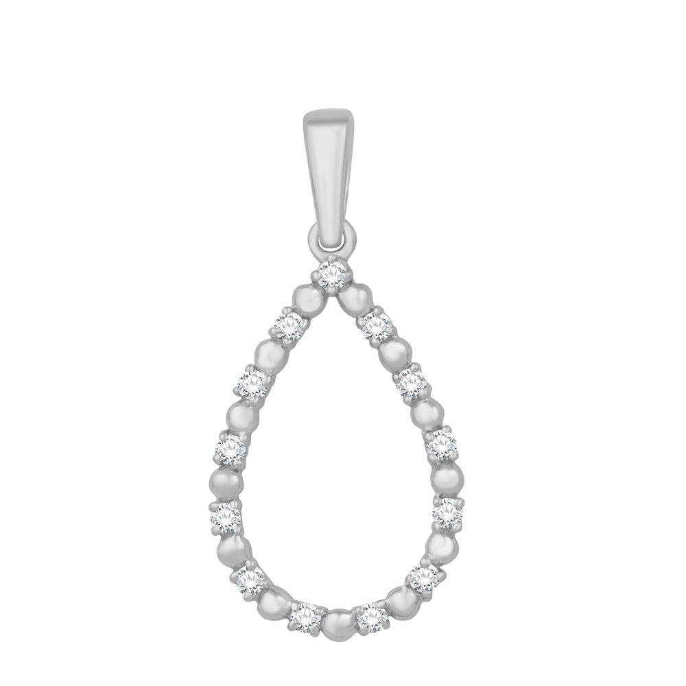 This Pendant is available in 14K White Gold. There are a total of 13 stones. There are Rounds with a total carat weight of 0.15 set in a Shared Prongs setting.