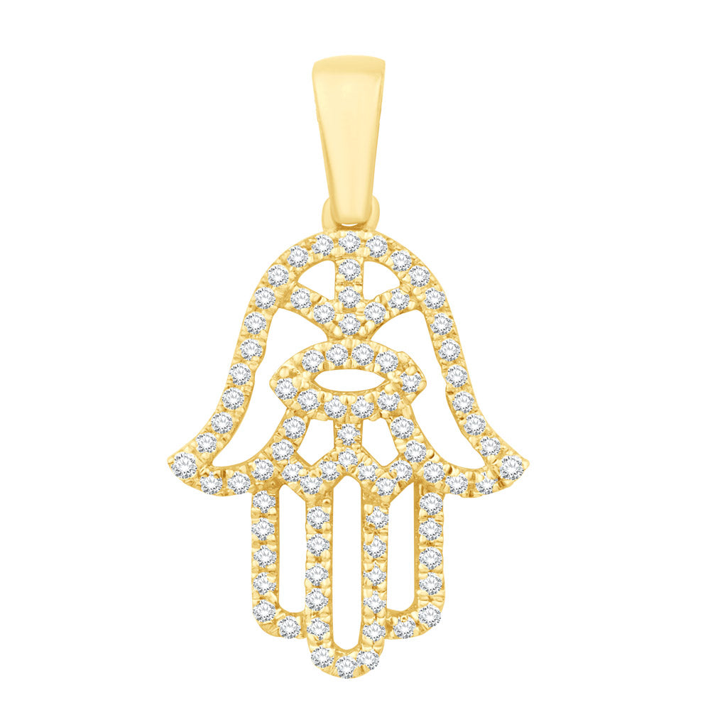 This Pendant is available in 14K Yellow Gold. There are a total of 83 stones. There are Rounds with a total carat weight of 0.3 set in a Micro Prong setting.