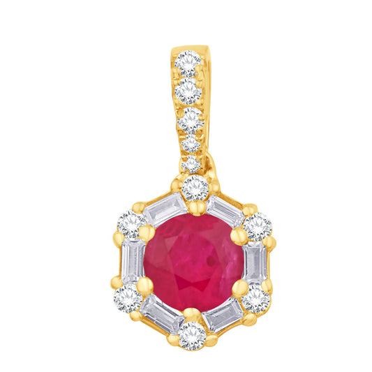This Pendant is available in 14K Yellow Gold. There are a total of 18 stones. There are Baguette with a total carat weight of 0.12 set in a Prong Set|Shared Prongs setting.There are Rounds stones with a total carat weight of 0.13 set in a Prong Set|Shared Prongs.
