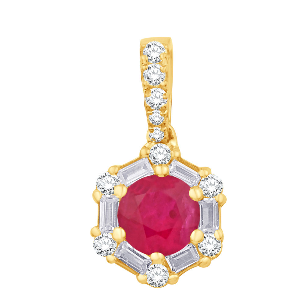This Pendant is available in 14K Yellow Gold. There are a total of 18 stones. There are Baguette with a total carat weight of 0.12 set in a Prong Set|Shared Prongs setting.There are Rounds stones with a total carat weight of 0.13 set in a Prong Set|Shared Prongs.
