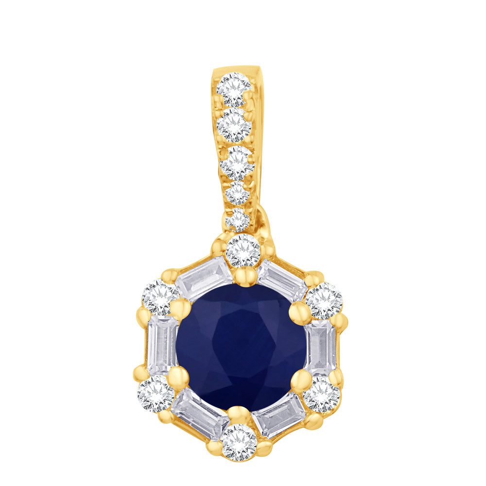 This Pendant is available in 14K Yellow Gold. There are a total of 18 stones. There are Baguette with a total carat weight of 0.12 set in a Prong Set|Shared Prongs setting.There are Rounds stones with a total carat weight of 0.13 set in a Prong Set|Shared Prongs.