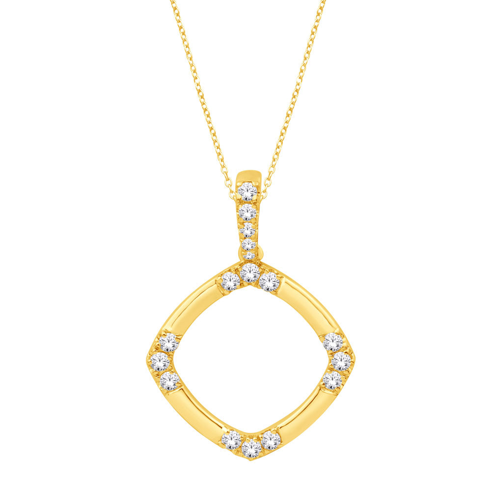 This Pendant is available in 14K Yellow Gold. There are a total of 17 stones. There are Rounds with a total carat weight of 0.23 set in a  setting.