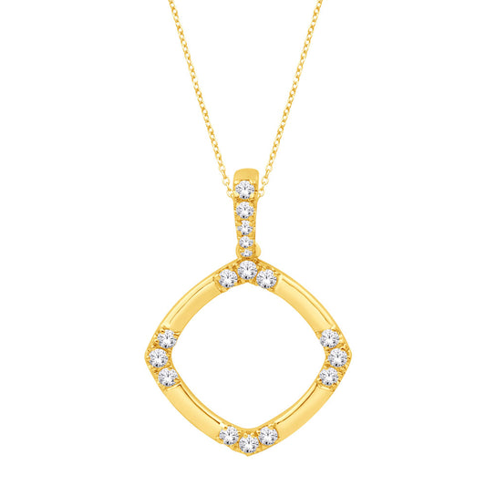 This Pendant is available in 14K Yellow Gold. There are a total of 17 stones. There are Rounds with a total carat weight of 0.23 set in a  setting.