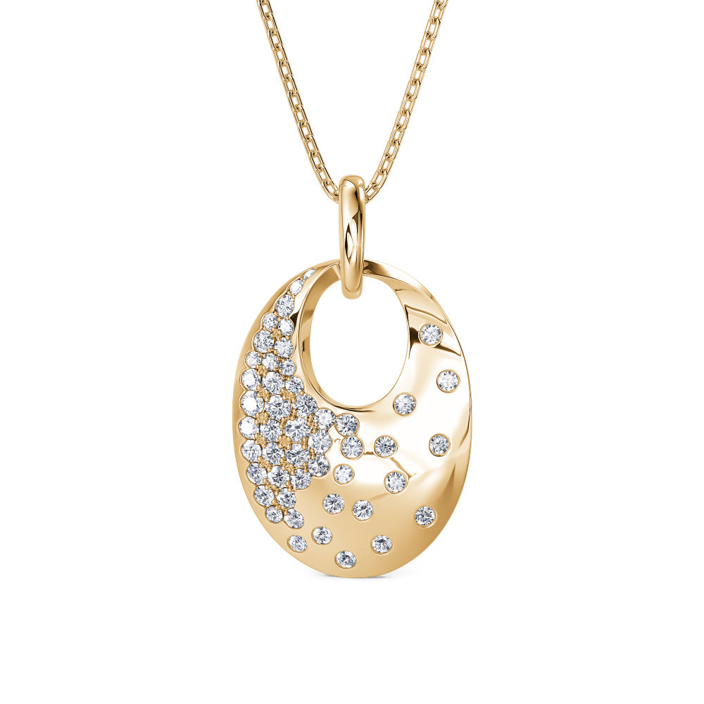 This Pendant is available in 14K Yellow Gold. There are a total of 48 stones. There are Rounds with a total carat weight of 0.79 set in a  setting.
