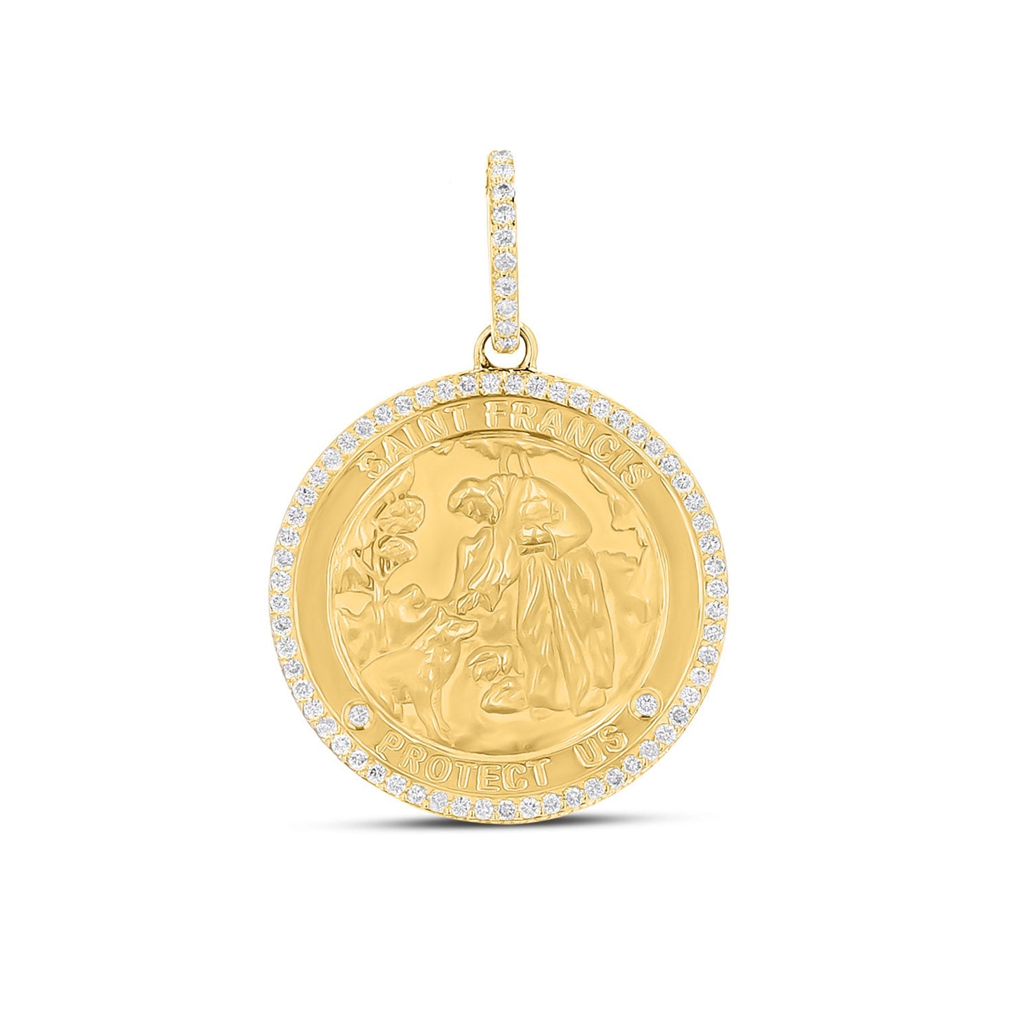 14k St. Francis "Protect Us" Diamond Halo 30mm Medallion Only or on 30" Snake Chain