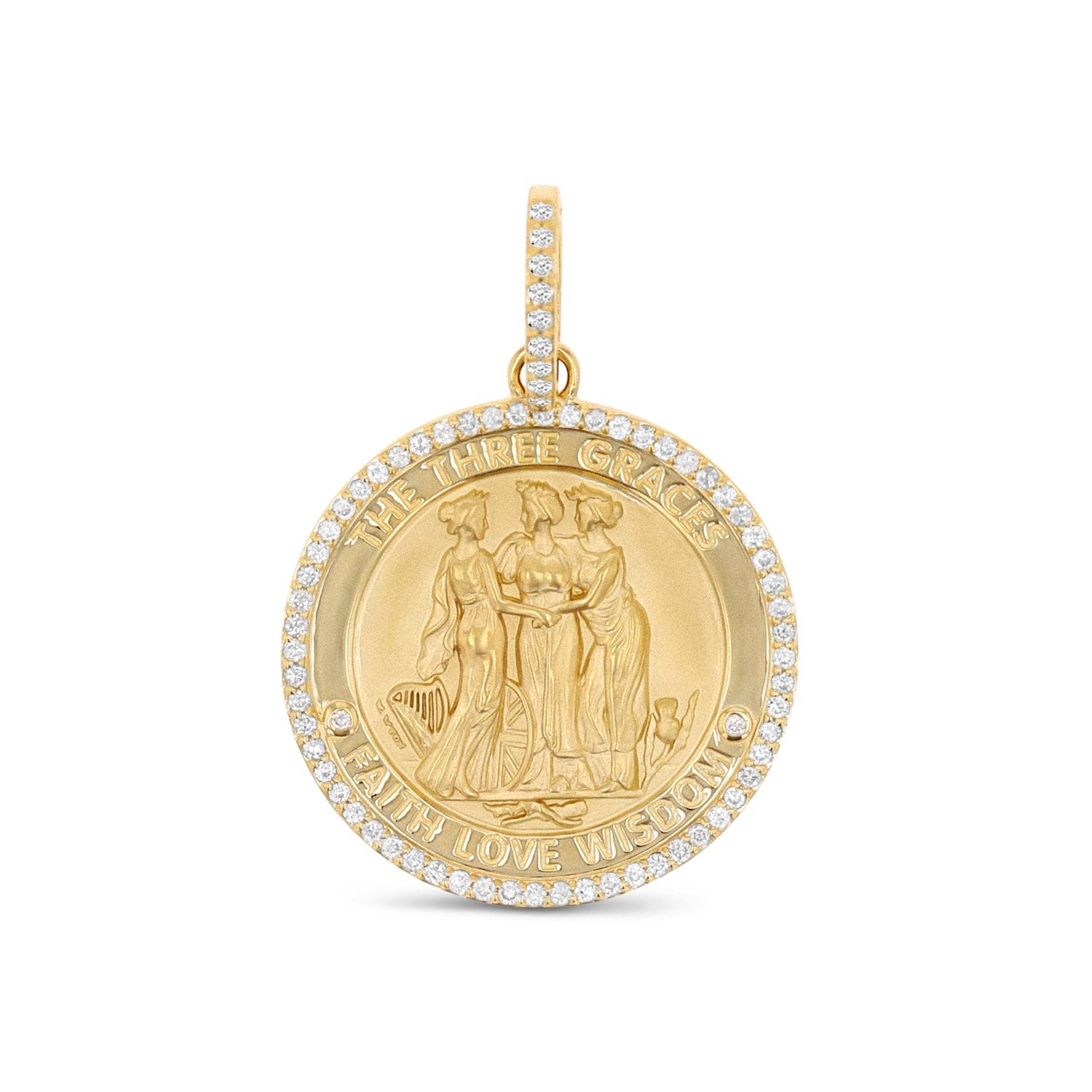 14k Diamond Three Graces Medallion "Faith Love Wisdom" - 30mm