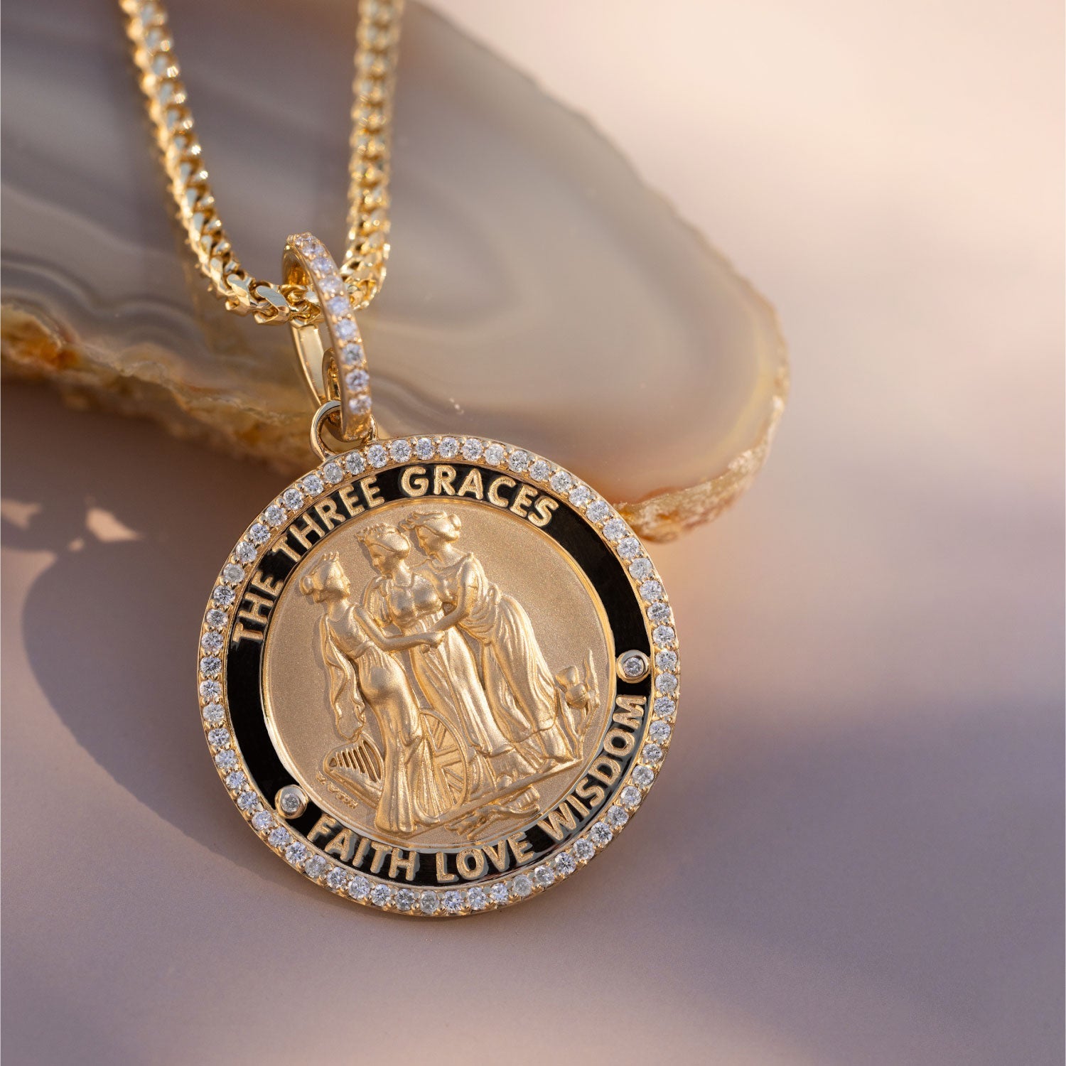 14k Diamond Three Graces Medallion "Faith Love Wisdom" - 30mm
