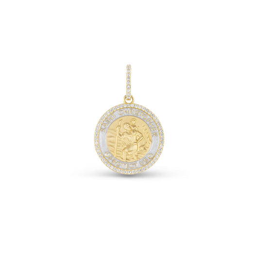 14k St. Christopher "Protect Us" Diamond & White Enamel Pendant Only or on Franco Chain 18"